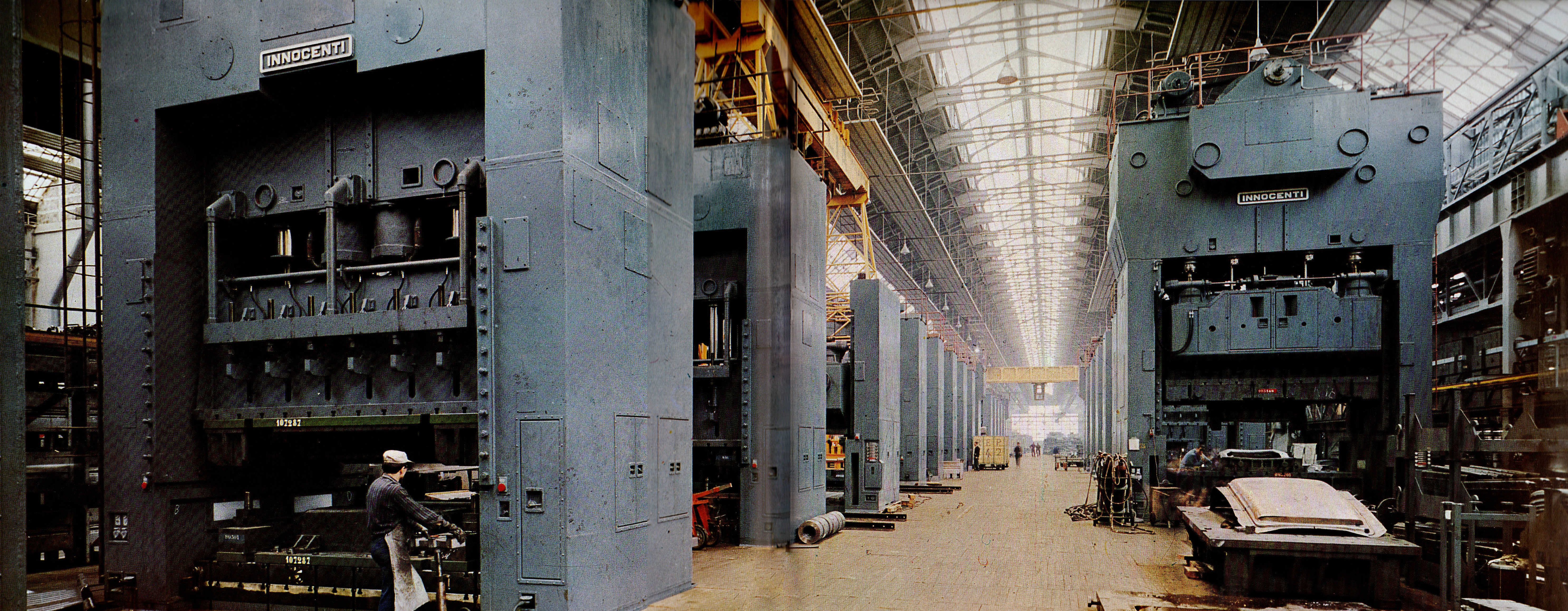 Press hall at the Innocenti Works, Milan — heavy stamping presses forming automobile roof panels