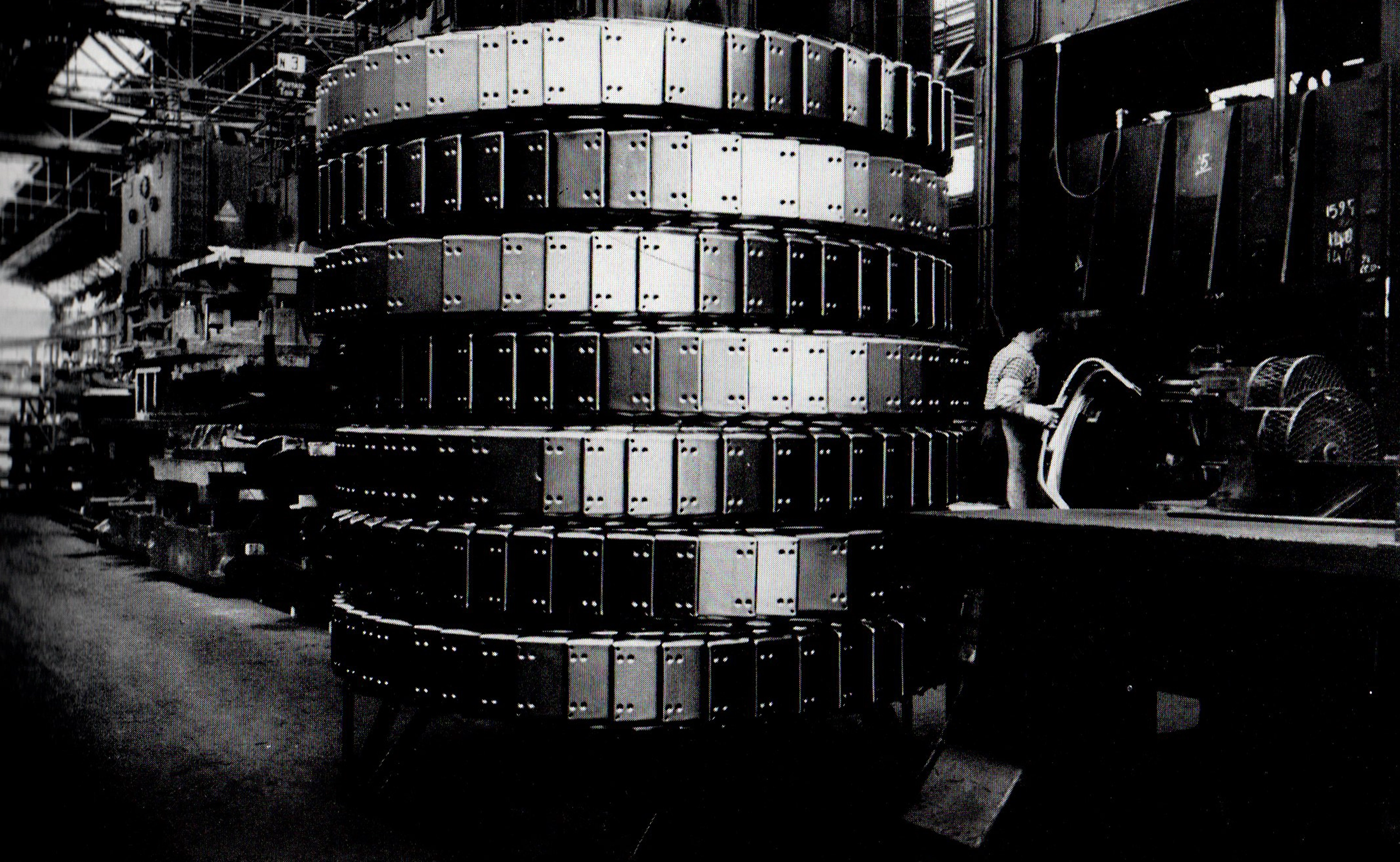 Stacks of Lambretta frame loop pressings in the press shop at Lambrate