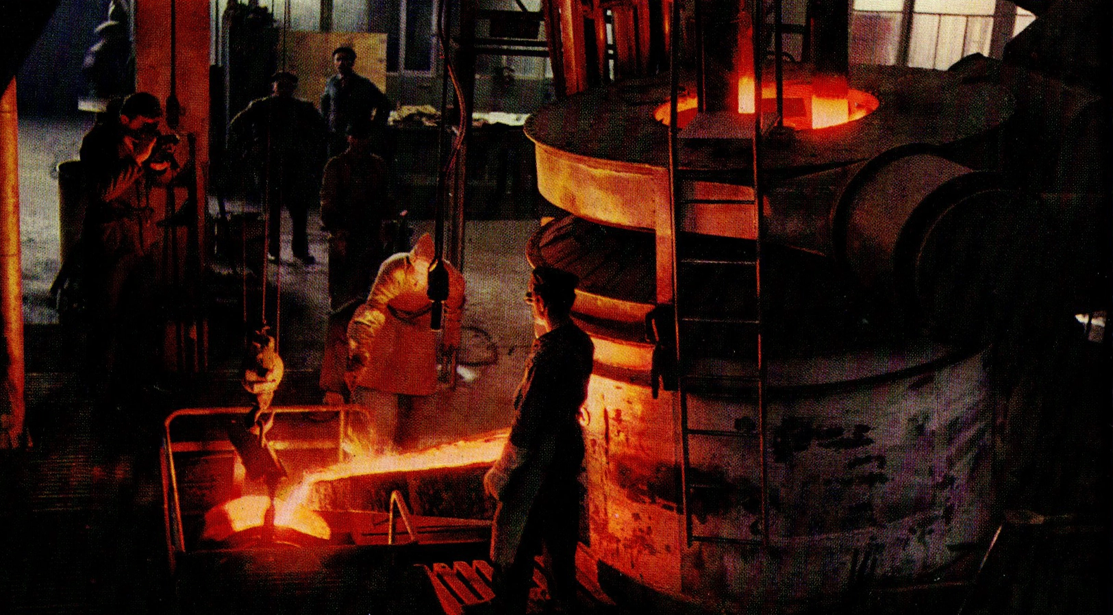 Molten steel pouring at the foundry of the Innocenti works, Lambrate