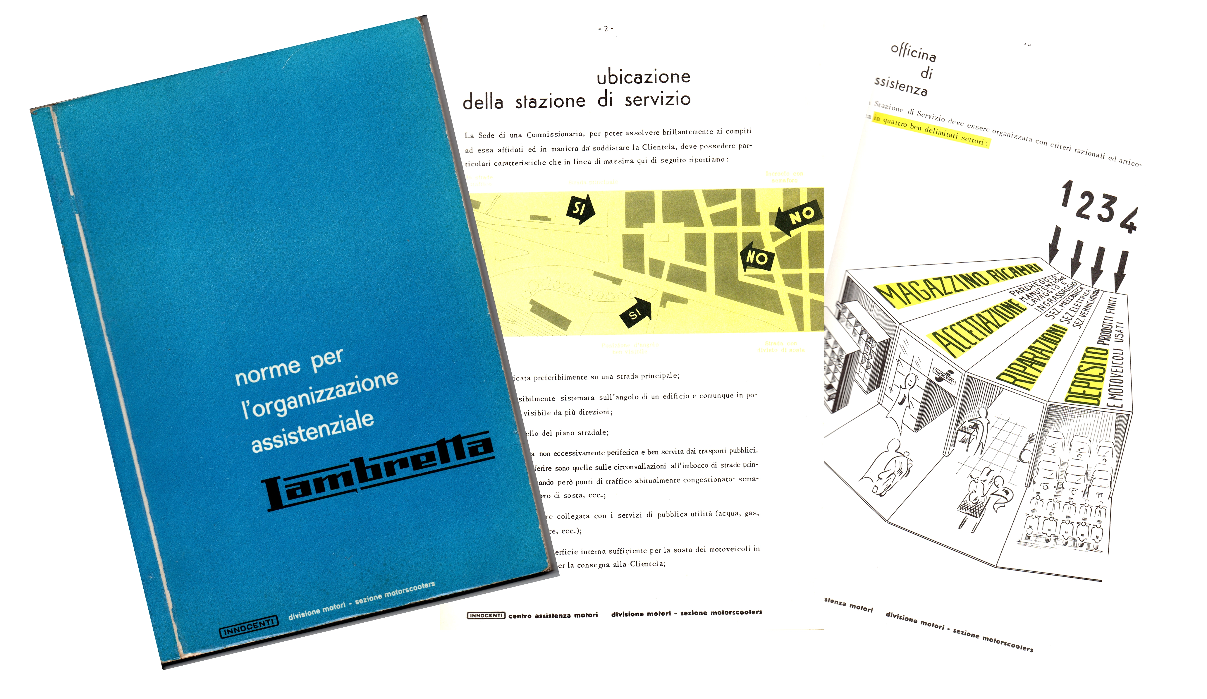 Lambretta service-station standards manual and internal layout diagrams, Centro Assistenza Motori, Innocenti