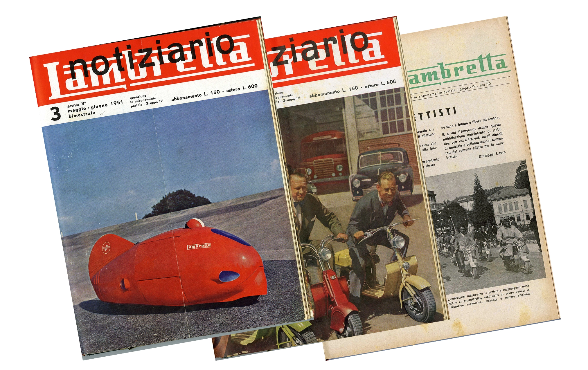 Covers of Notiziario Lambretta magazines from 1949 to 1951